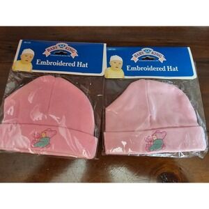 Baby King 2003 Vintage Pink Embroidered Teddy Bear Infant Beanie Hat Set  2pk